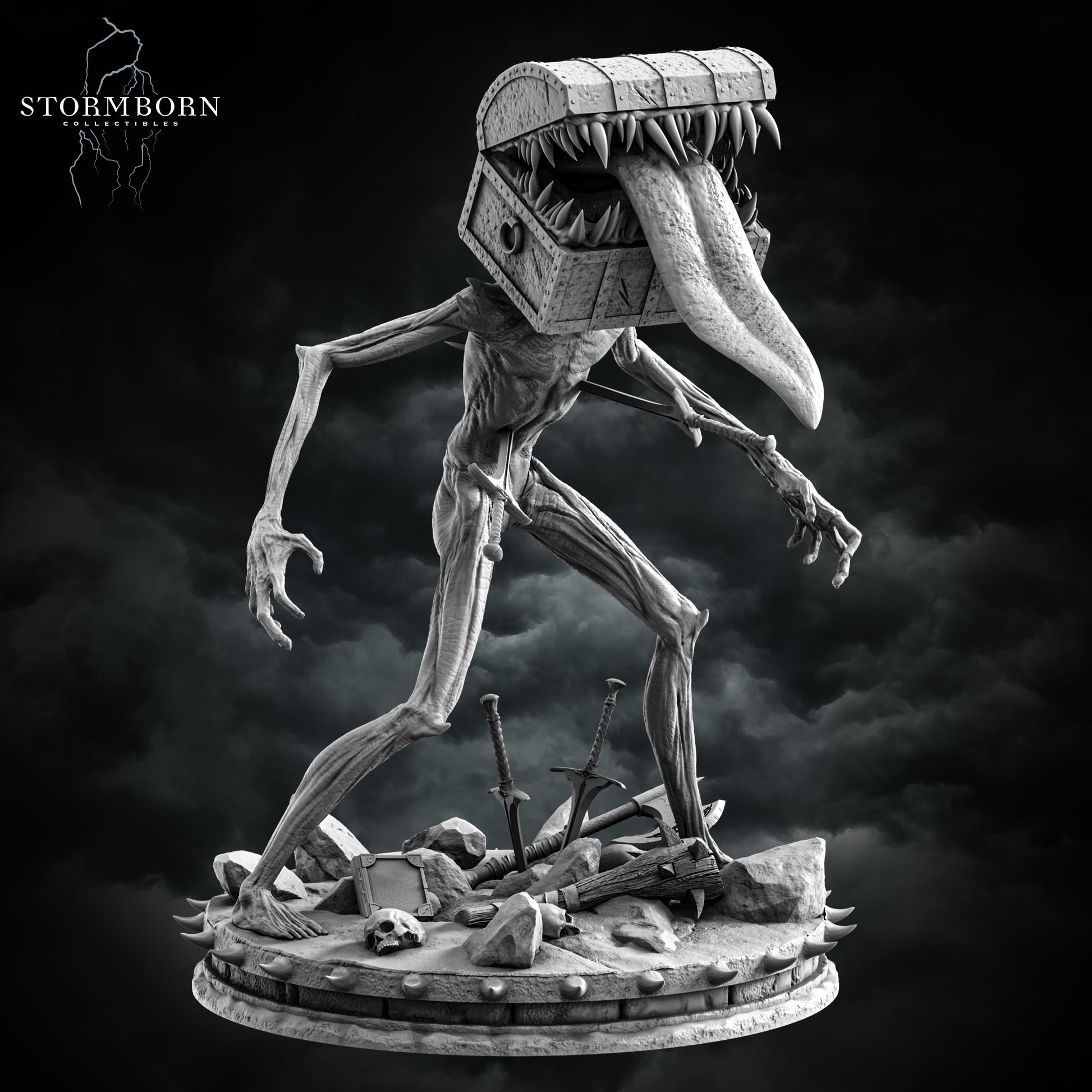 Chest Mimic resin miniature with monstrous chest head, long tongue, scenic base of weapons and skulls – fantasy monster figure for D&D and TTRPGs – D&K Custom Prints