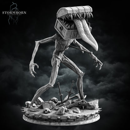 Chest Mimic resin miniature with monstrous chest head, long tongue, scenic base of weapons and skulls – fantasy monster figure for D&D and TTRPGs – D&K Custom Prints