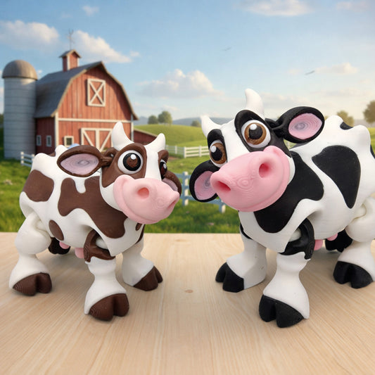 Chibi articulated cow toys with big expressive eyes and rounded bodies, cute farm animal collectibles displayed on a rustic farm background, perfect for gifts, decor, and sensory play