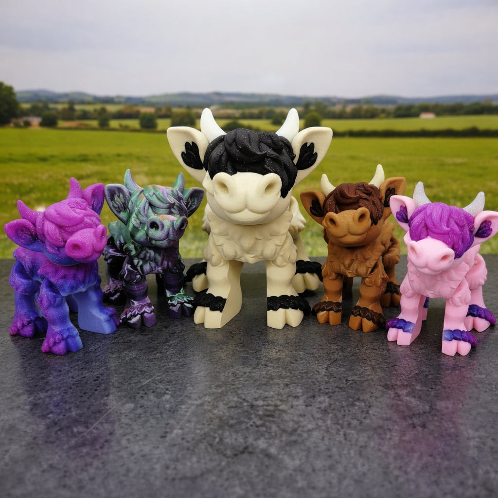 Colorful chibi Highland cow toys standing on a stone surface with a grassy countryside and rolling hills in the background, shown in multiple color variations