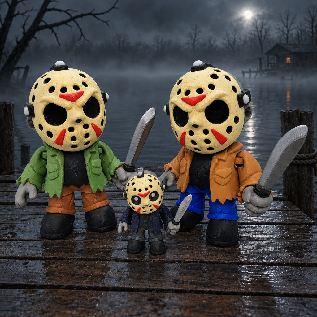 Two large masked figures and a smaller matching figure stand with machetes on a wet dock beside a foggy lake under a full moon.