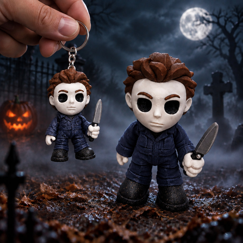A hand holds a small Michael Myers keychain beside a larger matching toy, both with brown hair, pale faces, blue coveralls, and knives against a moonlit Halloween backdrop.