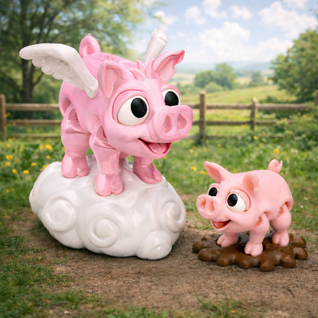 Pink chibi pig figurine standing on a brown mud base next to a pink winged pigasus figurine perched on a white cloud, displayed outdoors on green grass with a fence, trees, and soft countryside background.