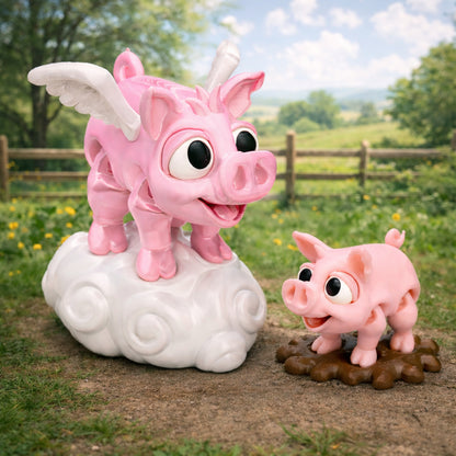 Pink chibi pig figurine standing on a brown mud base next to a pink winged pigasus figurine perched on a white cloud, displayed outdoors on green grass with a fence, trees, and soft countryside background.