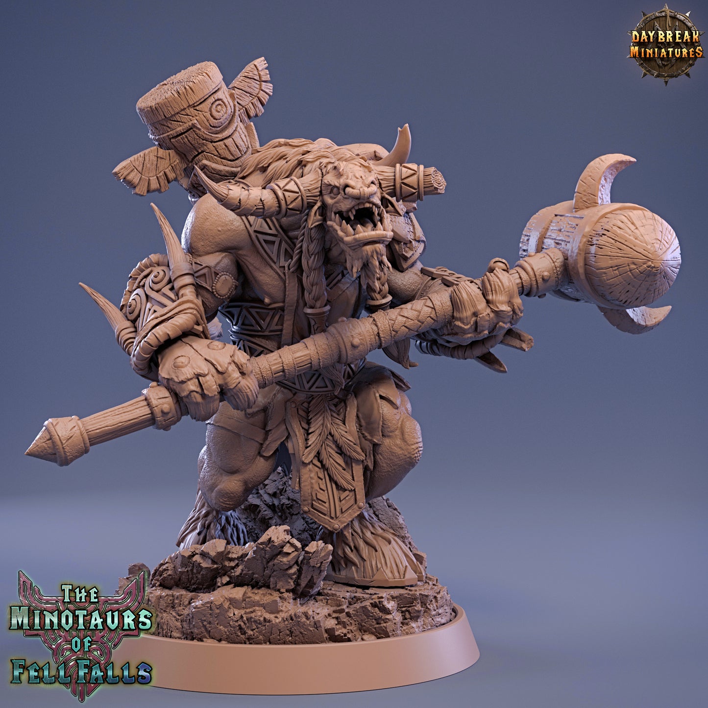Wooden figurine of a minotaur with a weapon on a blue background, featuring 'Daybreak Miniatures' branding.