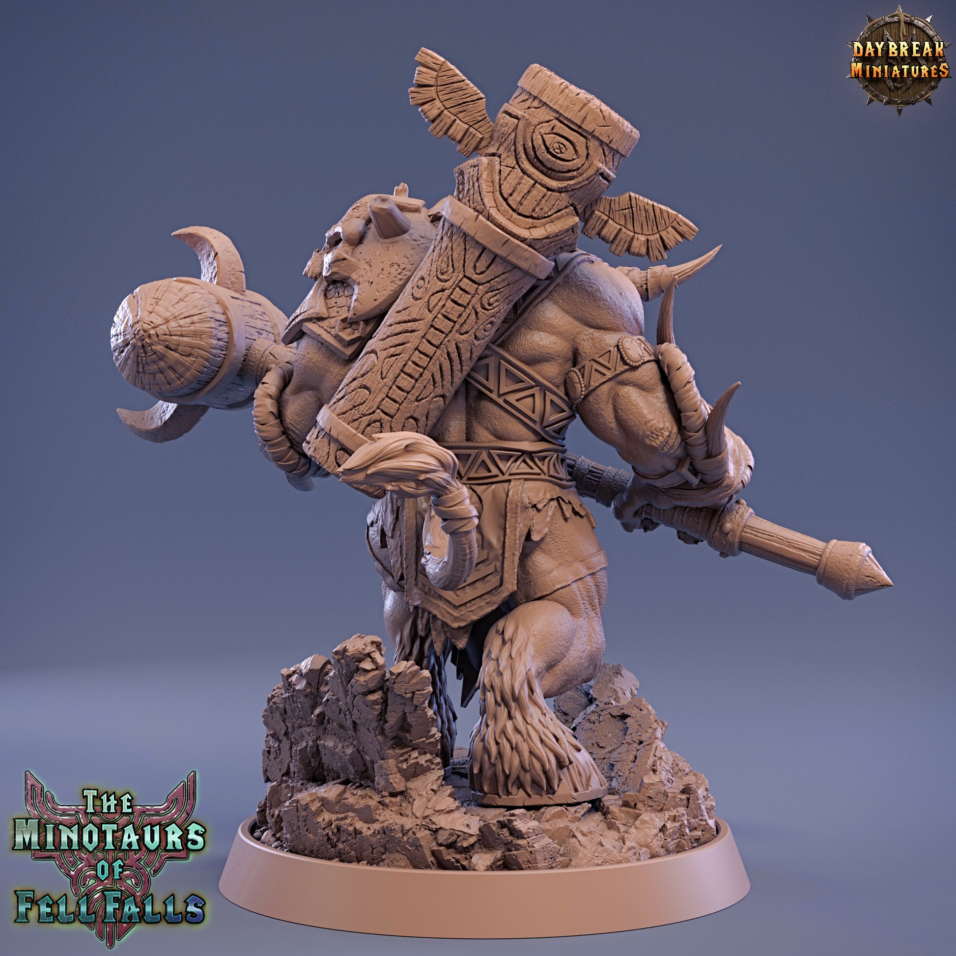 Minotaur figurine with armor and weapon on a blue background, featuring 'Daybreak Miniatures' logo.