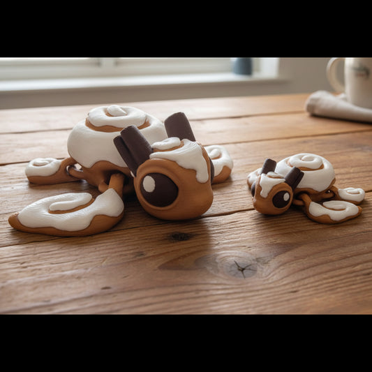 Cinnamon roll styled turtle figures on a wooden table with white swirl detailing and rounded shell shapes