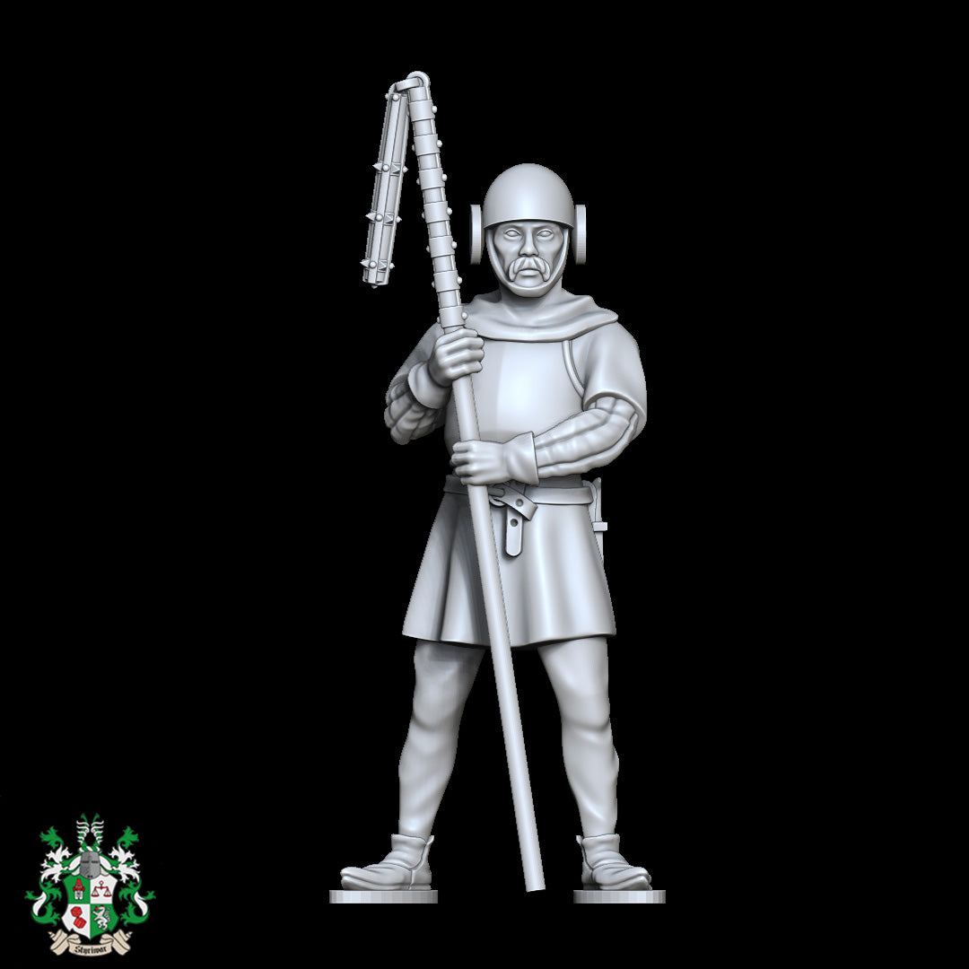 28mm medieval city guard resin miniature for tabletop RPG NPC use, standing watch with club weapon, highly detailed figure by D&K Custom Prints