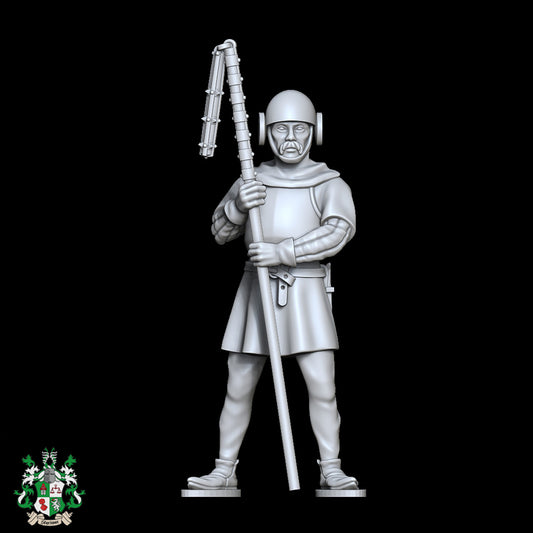 28mm medieval city guard resin miniature for tabletop RPG NPC use, standing watch with club weapon, highly detailed figure by D&K Custom Prints