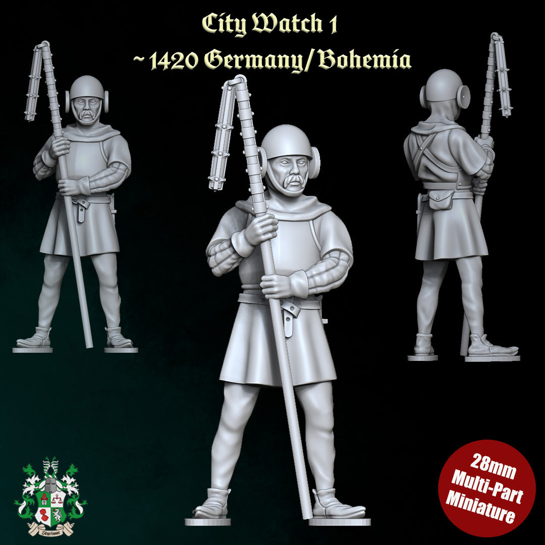 28mm medieval city guard resin miniature for tabletop RPG NPC use, standing watch with club weapon, highly detailed figure by D&K Custom Prints