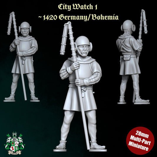 28mm medieval city guard resin miniature for tabletop RPG NPC use, standing watch with club weapon, highly detailed figure by D&K Custom Prints