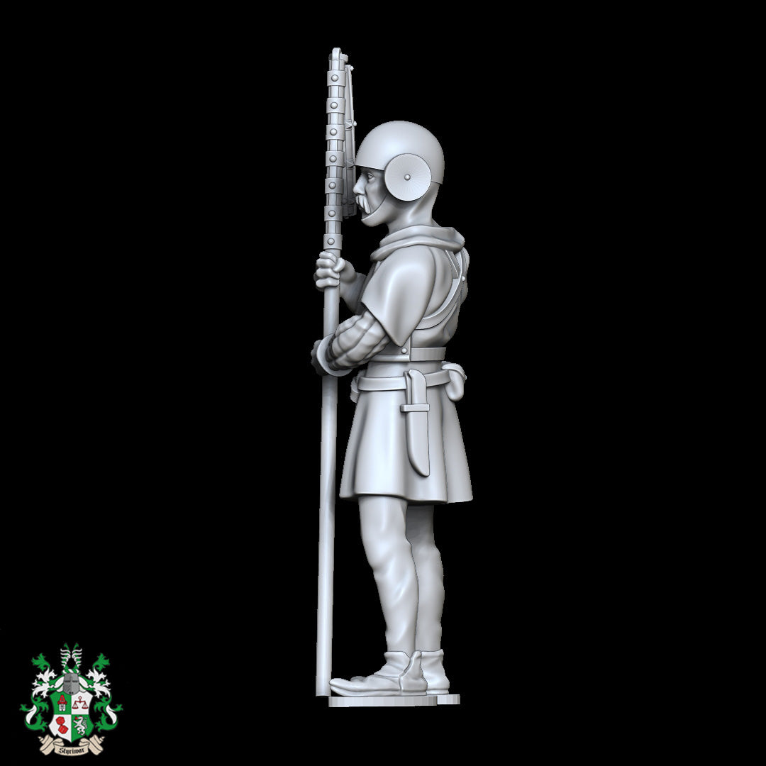 28mm medieval city guard resin miniature for tabletop RPG NPC use, standing watch with club weapon, highly detailed figure by D&K Custom Prints
