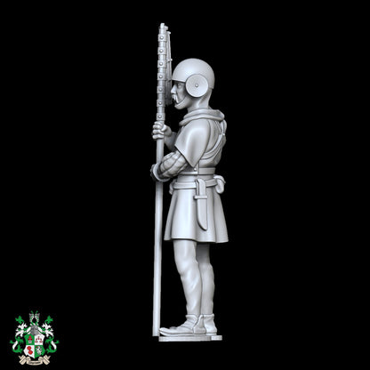 28mm medieval city guard resin miniature for tabletop RPG NPC use, standing watch with club weapon, highly detailed figure by D&K Custom Prints