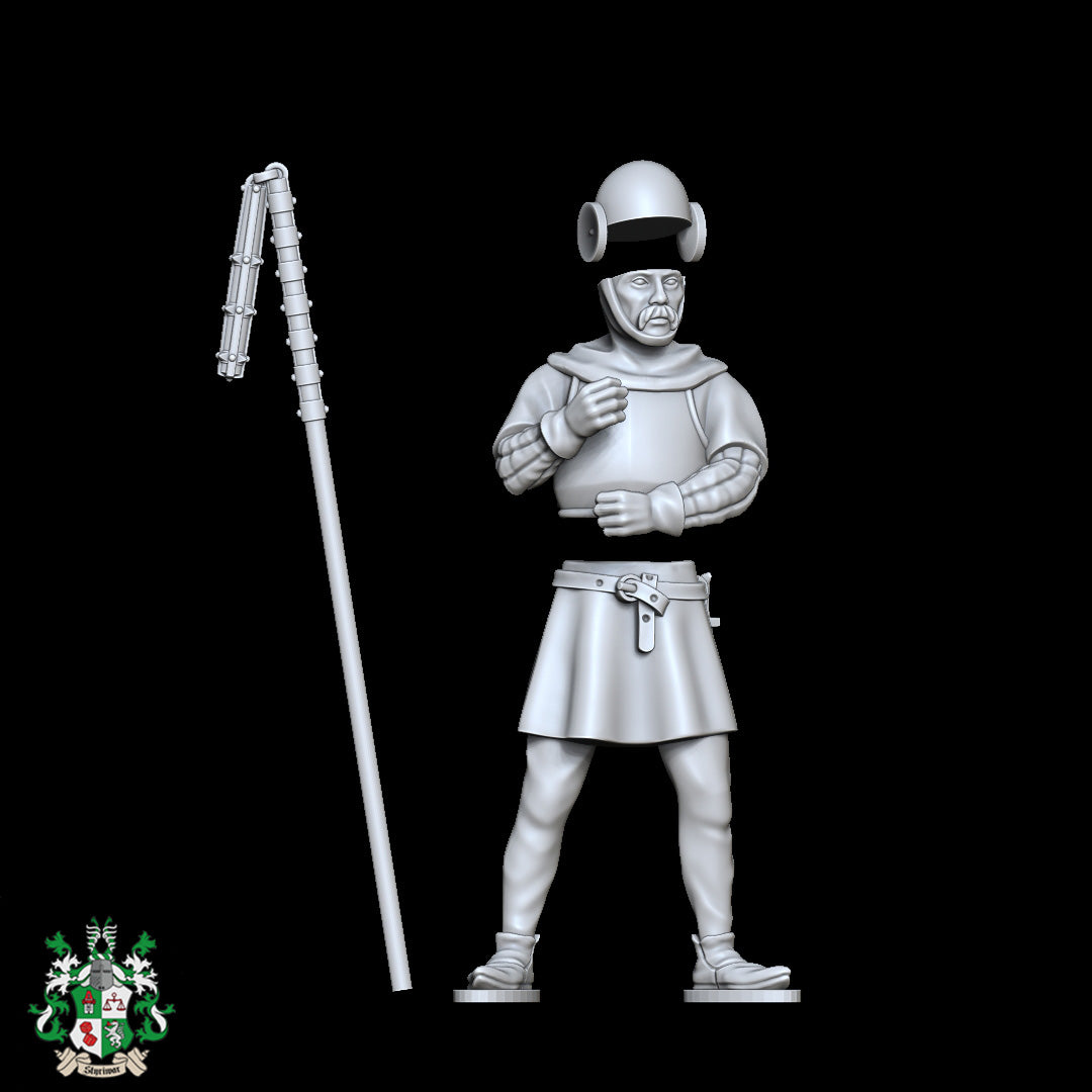 28mm medieval city guard resin miniature for tabletop RPG NPC use, standing watch with club weapon, highly detailed figure by D&K Custom Prints