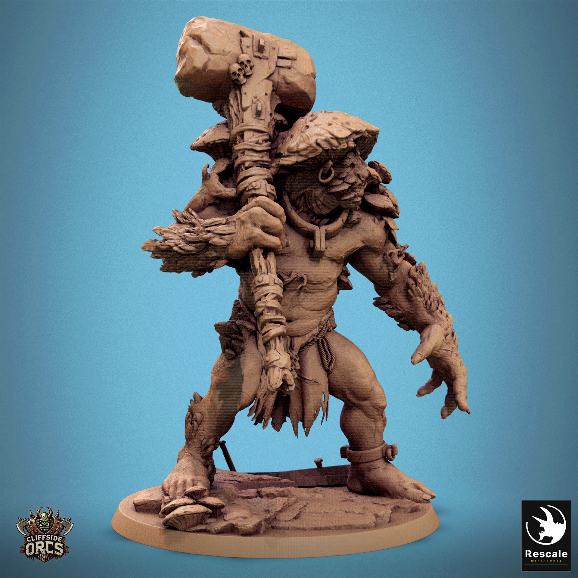 Mycogar fungal ogre resin miniature for D&D and TTRPGs, shown with mushroom growths and massive maul on scenic base.