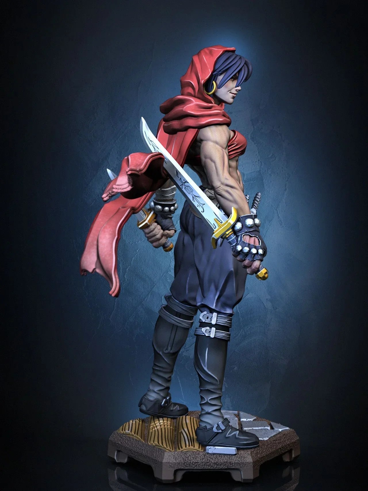 Digital painted render of Moriah rogue character with red hood and dual blades
