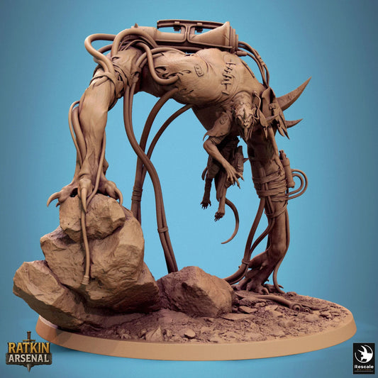 Resin printed Plagueborn miniature from Ratkin Arsenal – grotesque rat horror with biomechanical limbs and scenic base for TTRPG or display use