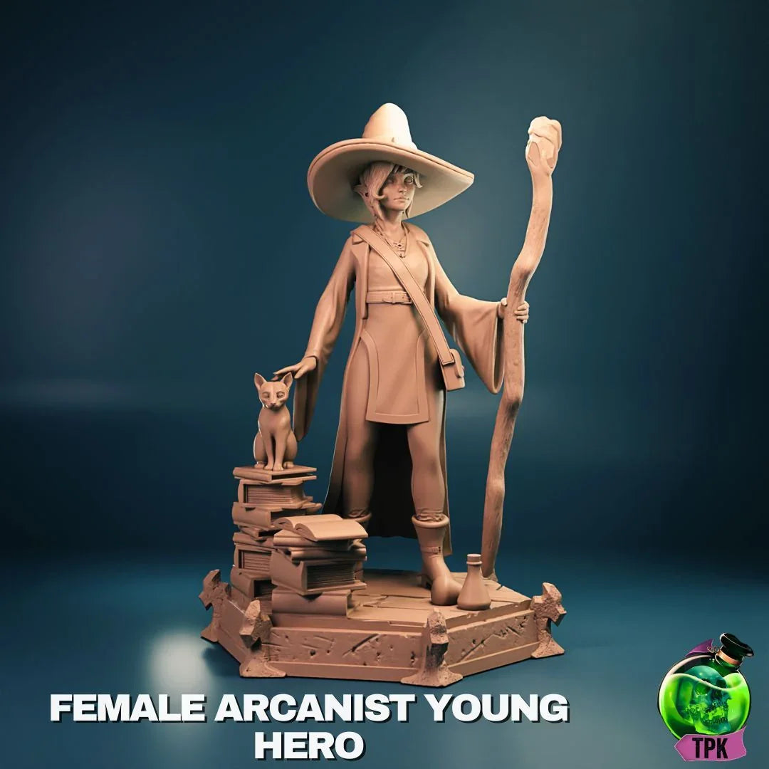 "Young Arcanist Female Miniature with Cat – 3D Printed Resin for D&D or Pathfinder"