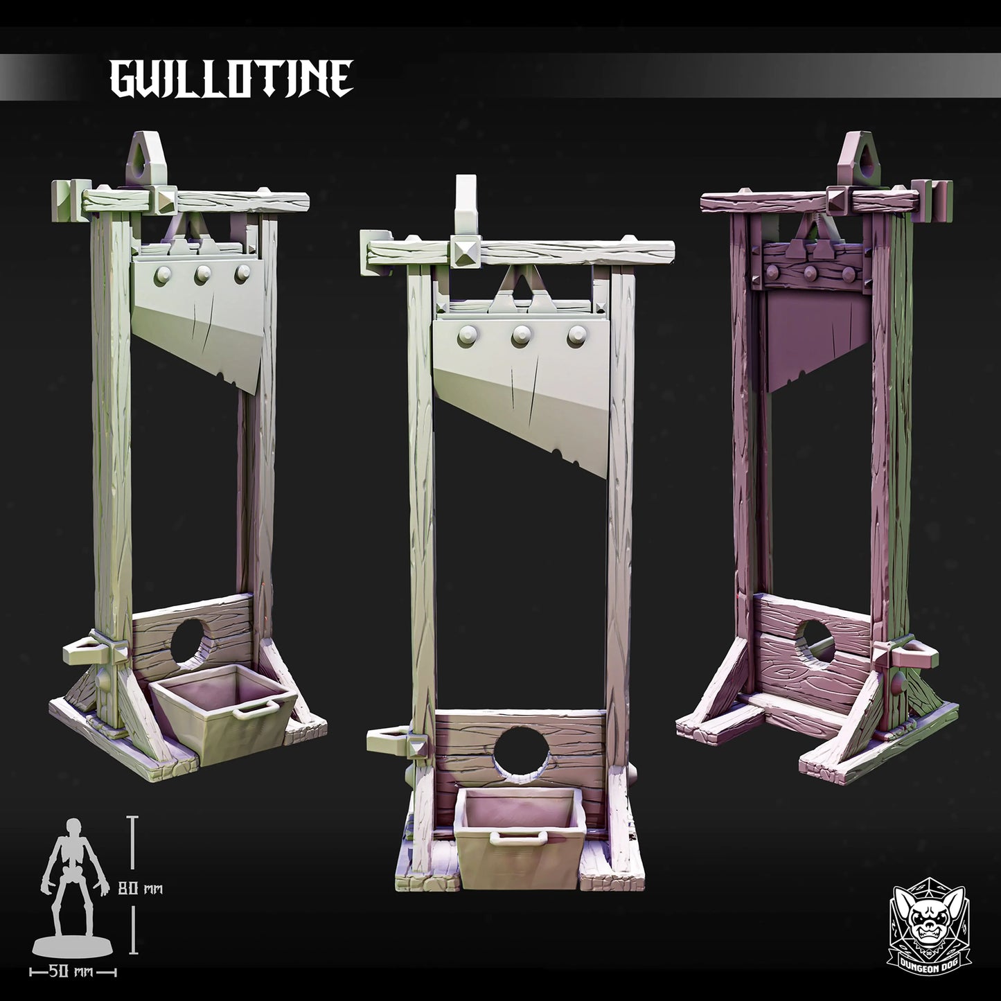 3D printed functional guillotine for 28-32mm miniatures, perfect for TTRPG terrain, dioramas, and dark fantasy tabletop scenes