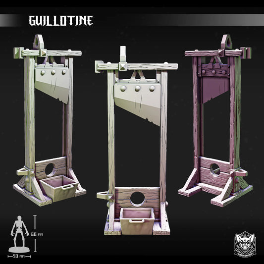 3D printed functional guillotine for 28-32mm miniatures, perfect for TTRPG terrain, dioramas, and dark fantasy tabletop scenes