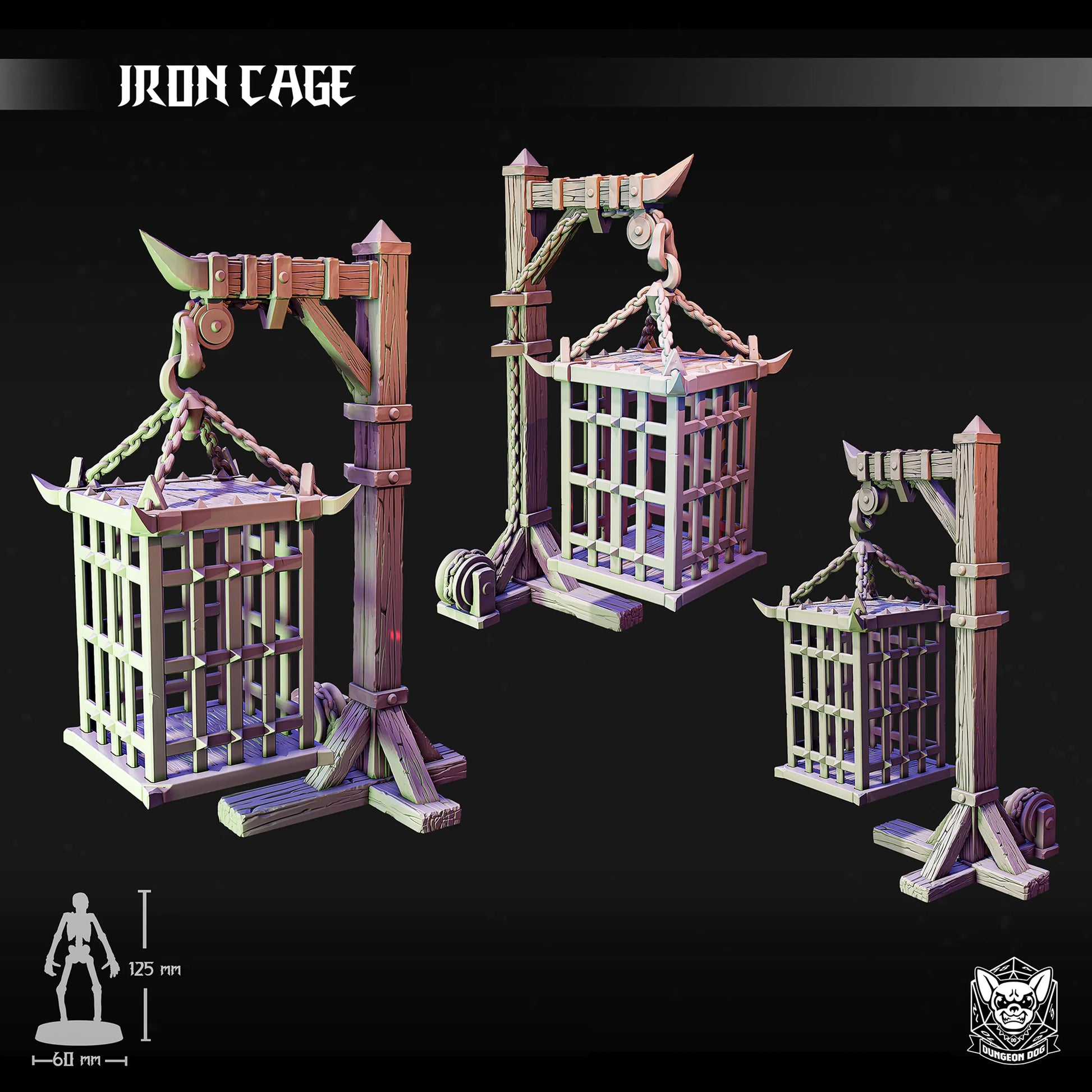 3D printed iron cage for 28-32mm miniatures, ideal for TTRPG terrain, dungeons, dark fantasy or horror tabletop dioramas