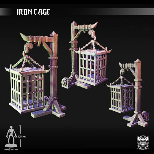 3D printed iron cage for 28-32mm miniatures, ideal for TTRPG terrain, dungeons, dark fantasy or horror tabletop dioramas