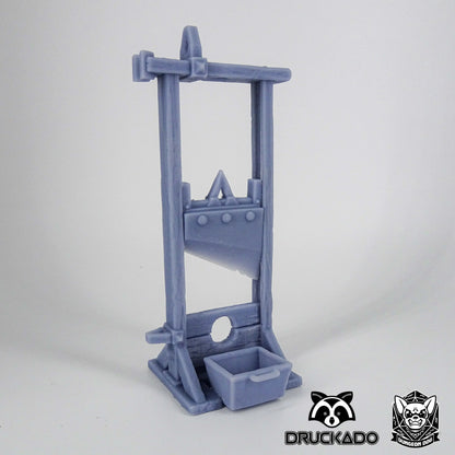 3D printed functional guillotine for 28-32mm miniatures, perfect for TTRPG terrain, dioramas, and dark fantasy tabletop scenes