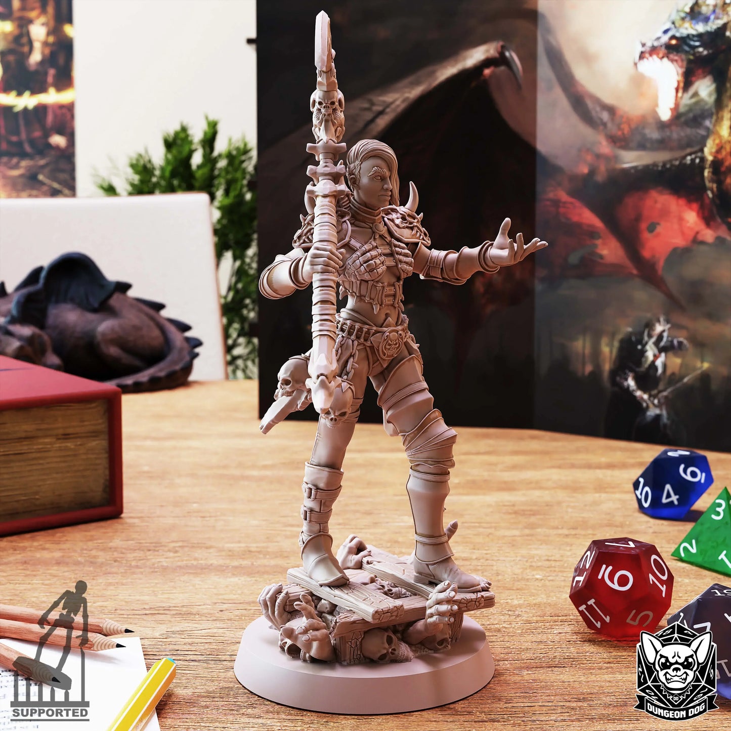 Side angle of Necromancer Summoner holding large scythe, perfect for DnD campaigns or collections