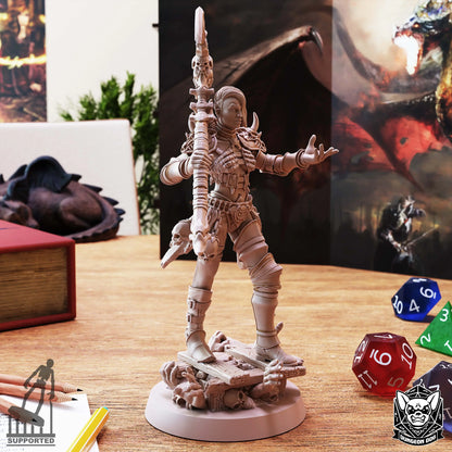 Side angle of Necromancer Summoner holding large scythe, perfect for DnD campaigns or collections