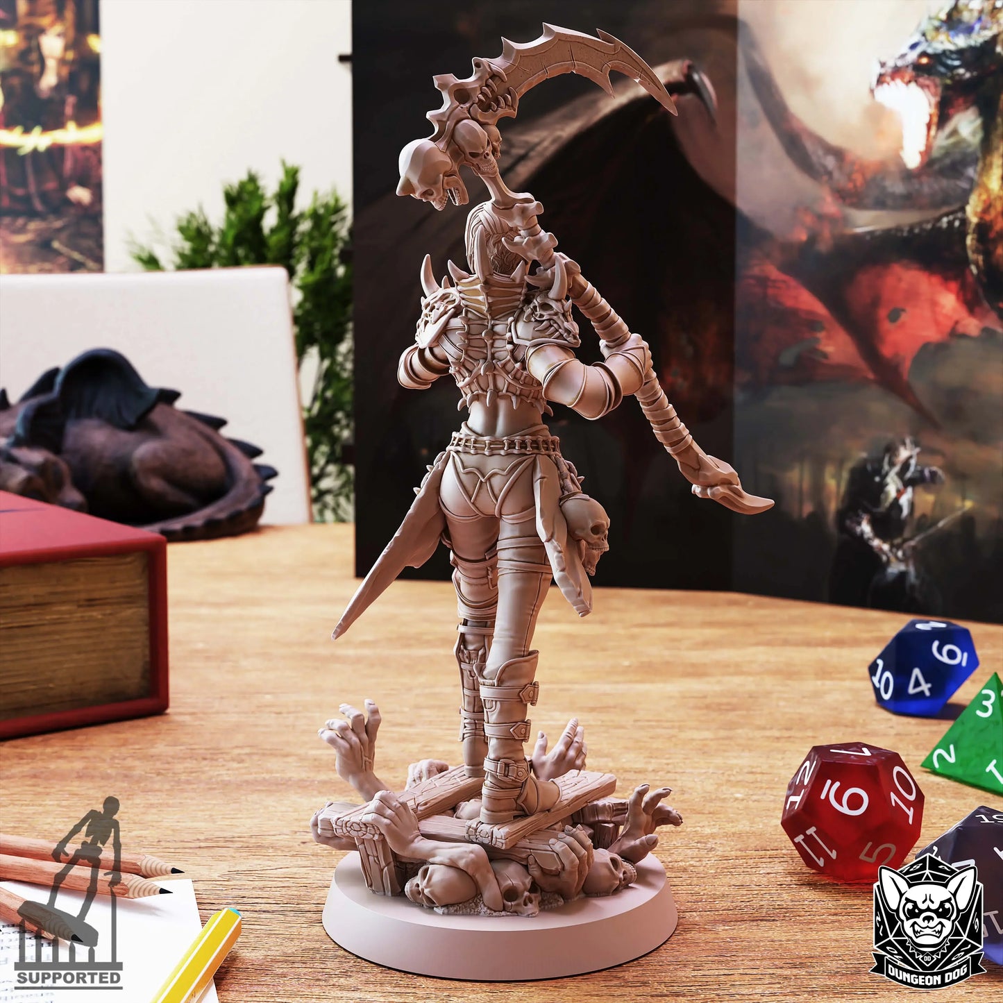 Rear view of Necromancer Summoner figure in spiked armor with skull accessories on scenic base