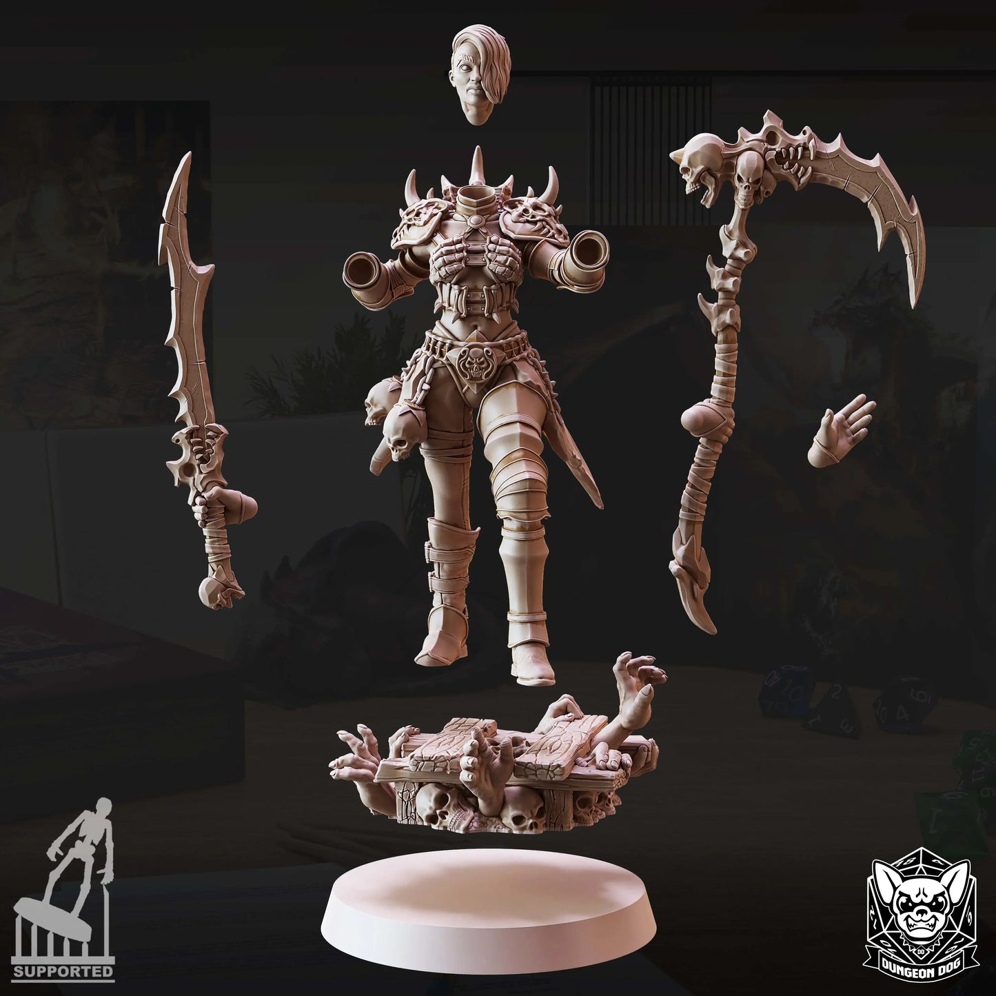 Unassembled Necromancer Summoner miniature parts with scythe, sword, and skull base for painting