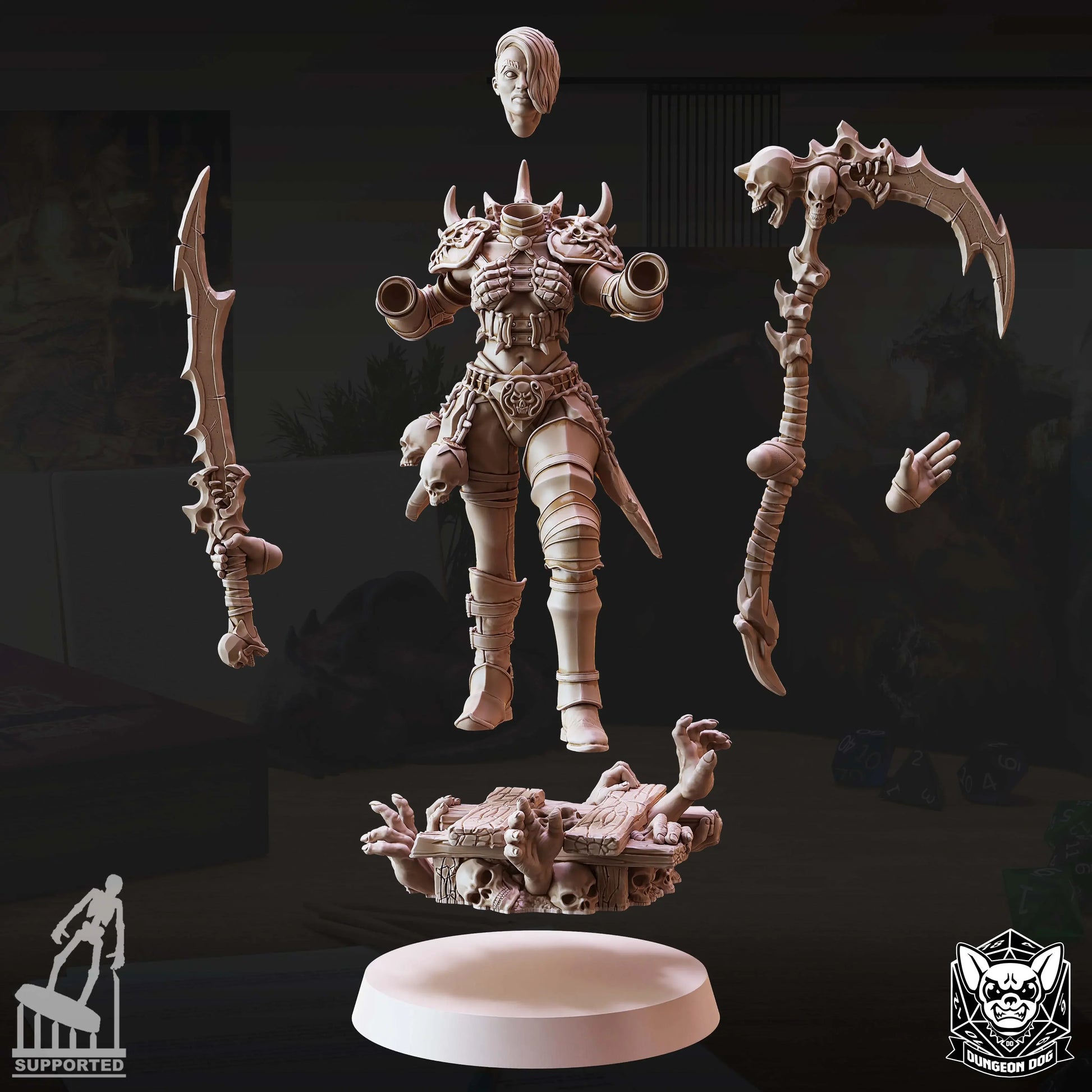 Unassembled Necromancer Summoner miniature parts with scythe, sword, and skull base for painting