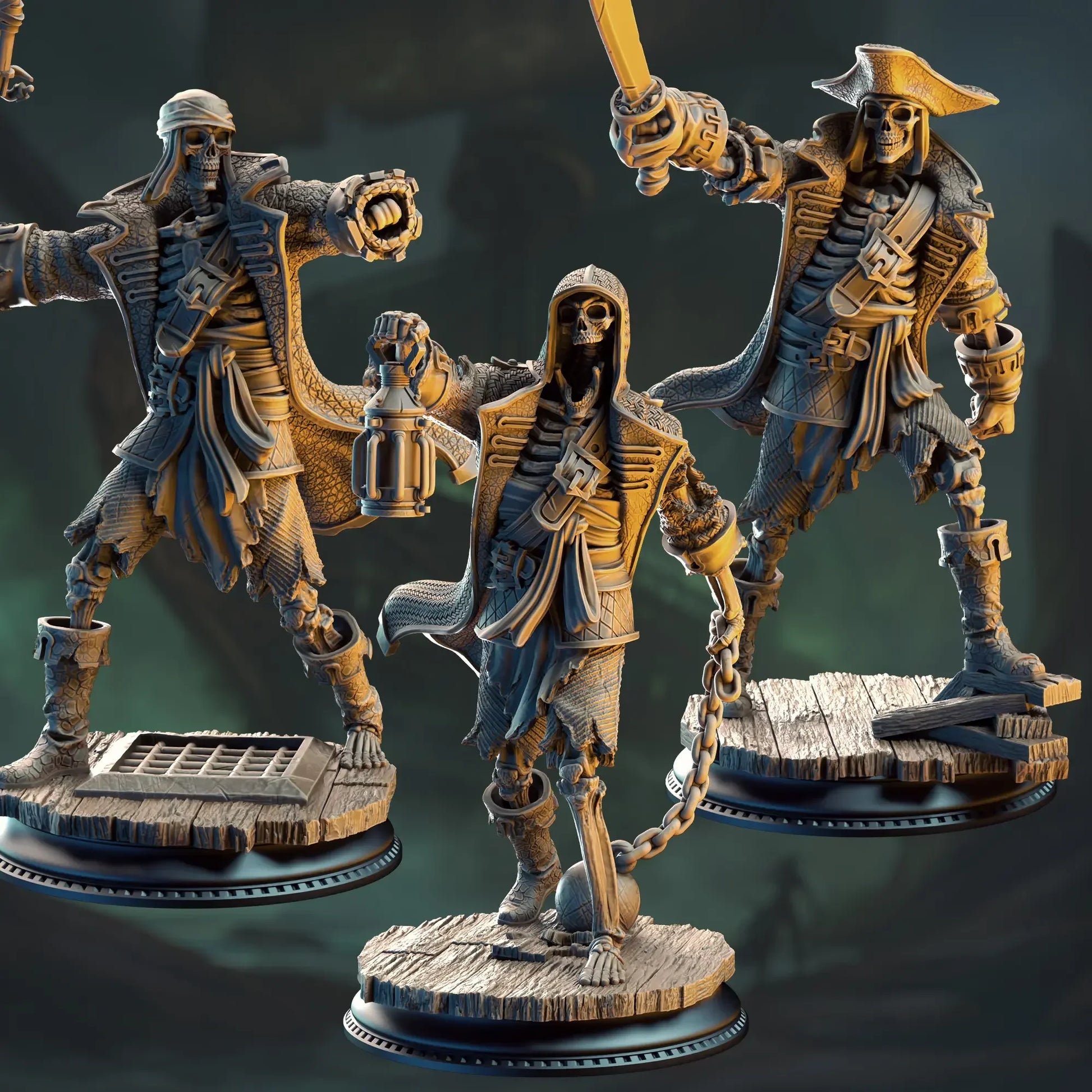 Three pirate-themed figurines on a dark background