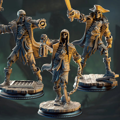Three pirate-themed figurines on a dark background