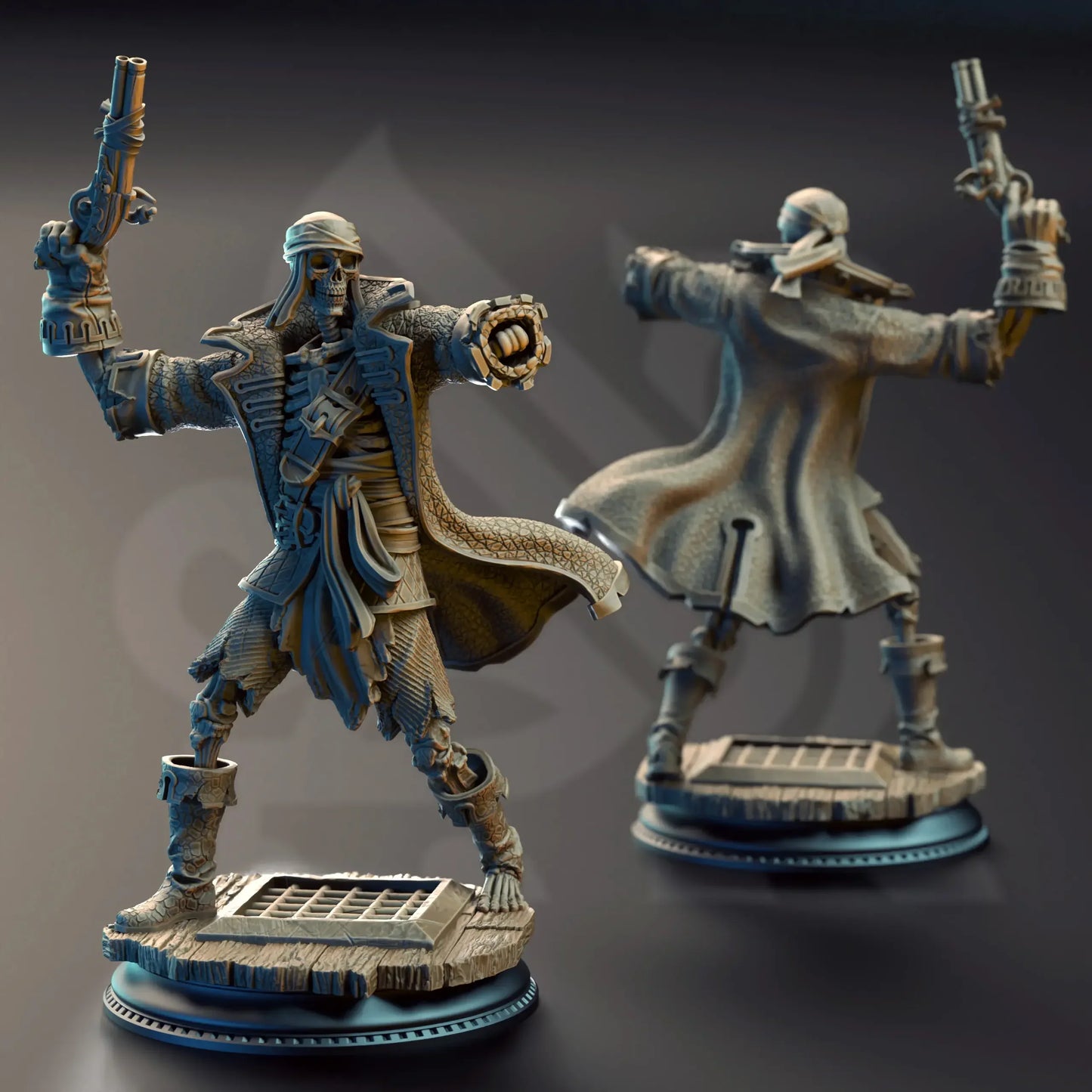 Two detailed figurines with a dark background