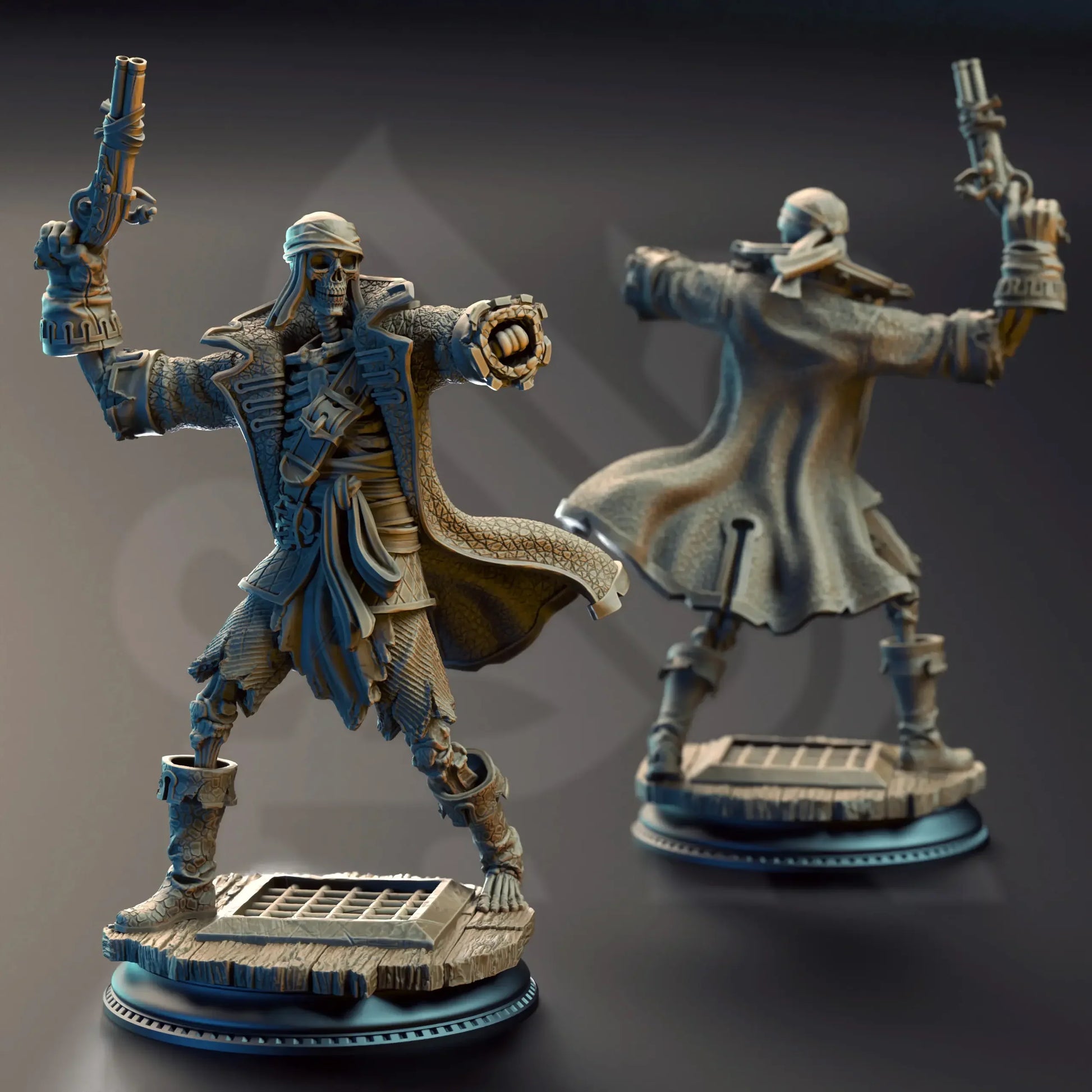 Two detailed figurines with a dark background