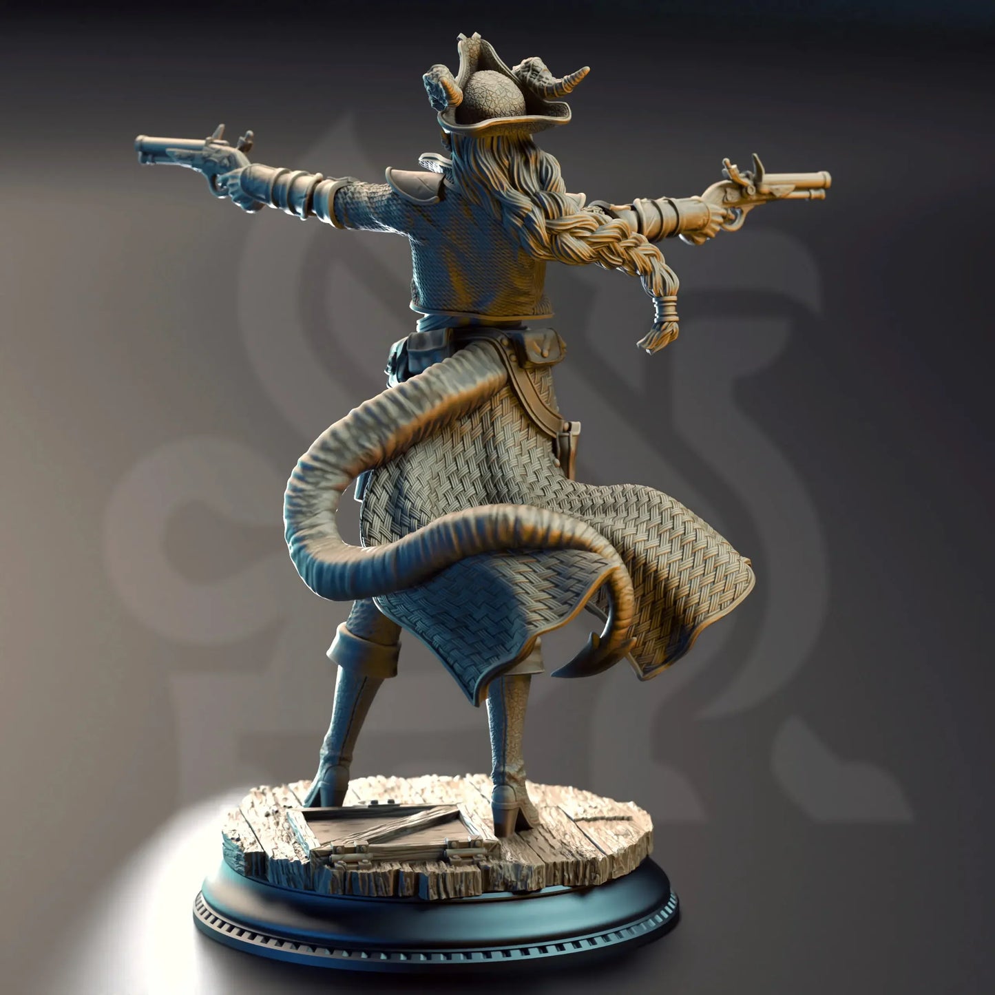 Trixie Sureshot Kelpie pirate tiefling gunslinger miniature for tabletop RPG D&D display painting