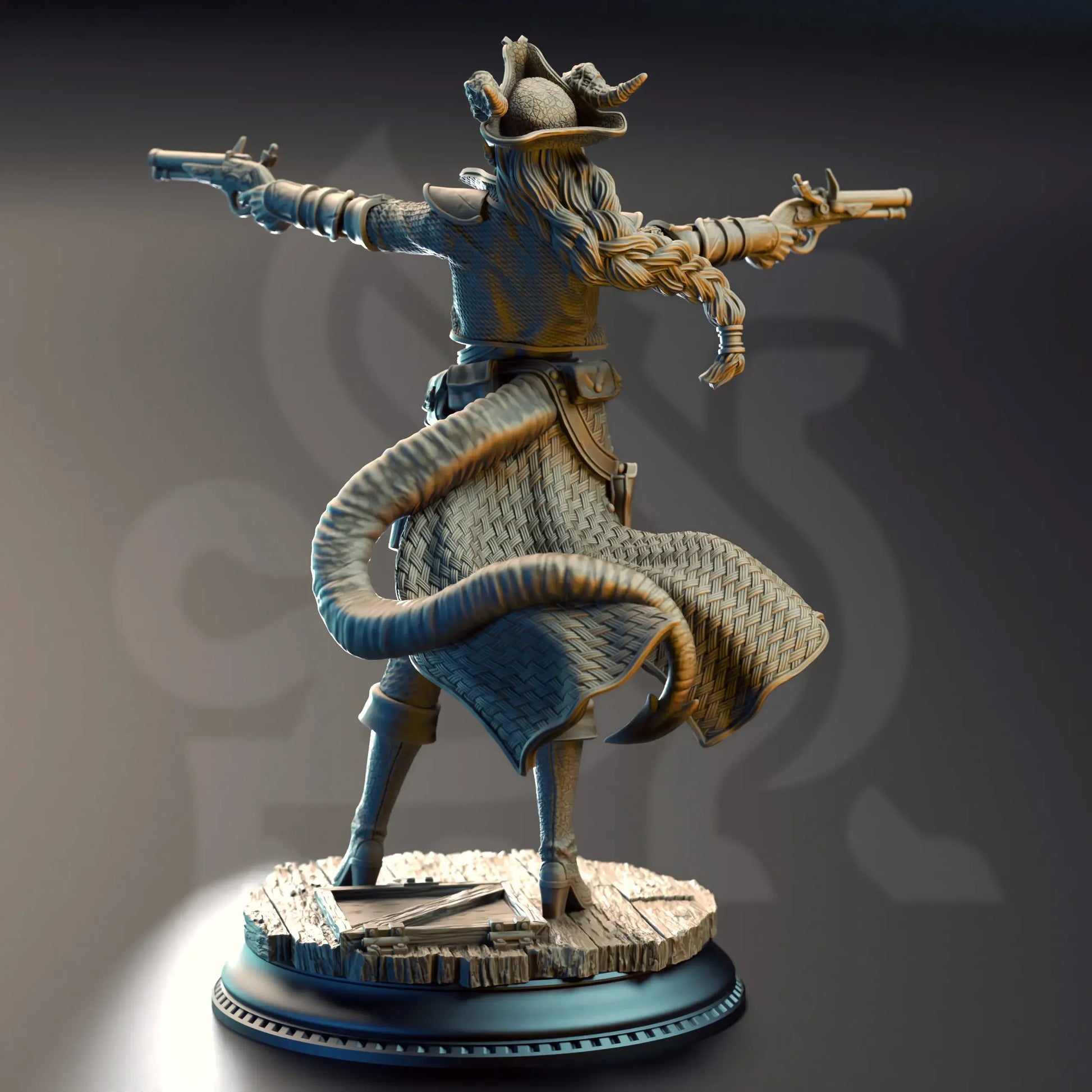 Trixie Sureshot Kelpie pirate tiefling gunslinger miniature for tabletop RPG D&D display painting