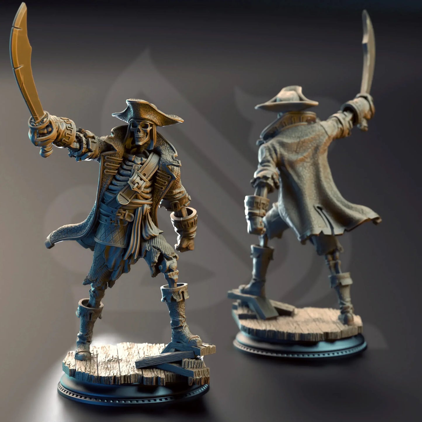 Two pirate-themed figurines on stands against a dark background