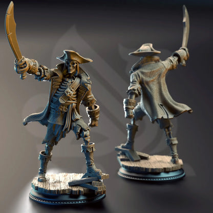 Two pirate-themed figurines on stands against a dark background