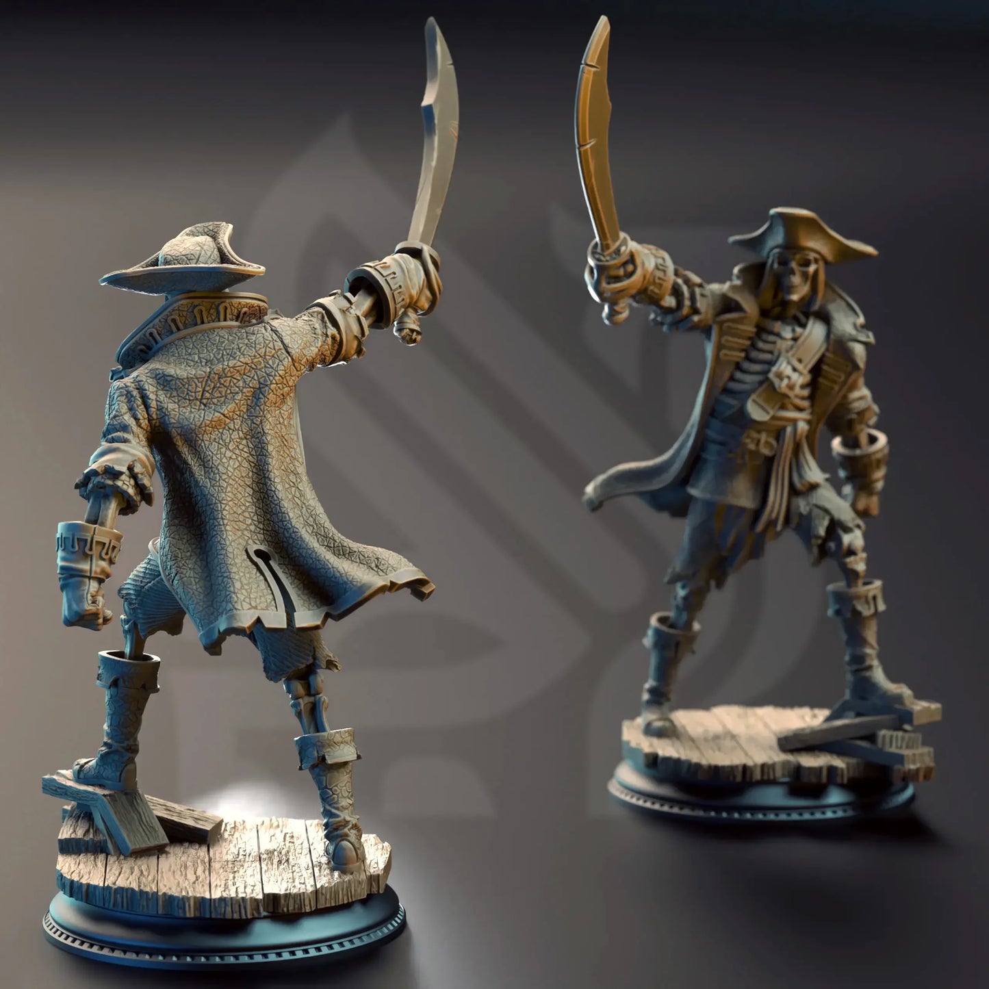 Two toy figures of pirates with swords on a dark background