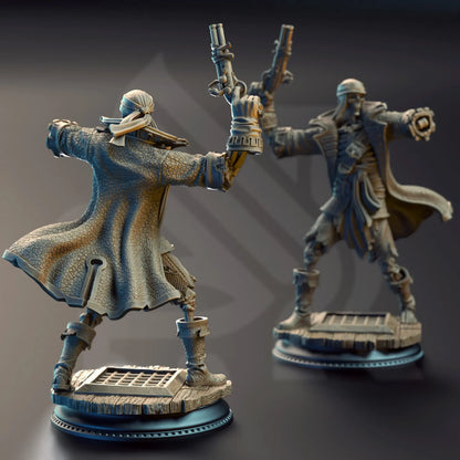 Two fantasy figurines in a handshake pose on a dark background