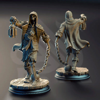Two skeleton figures with lanterns and chains on a dark background