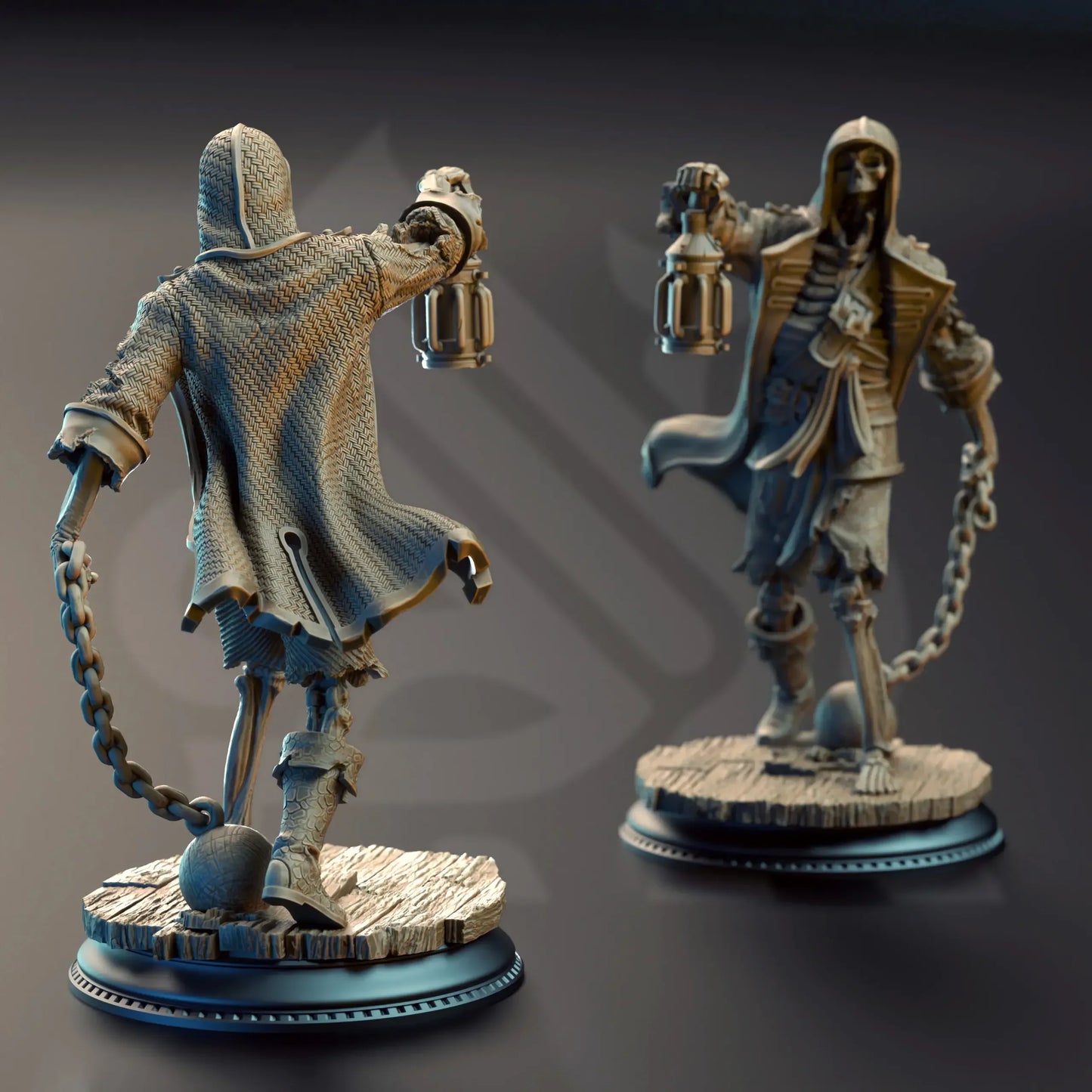 Two statues of hooded figures with lanterns and chains on a dark background