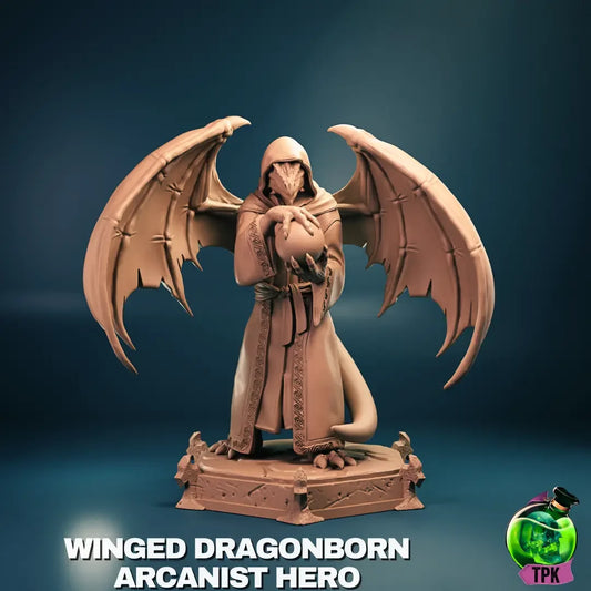 Winged dragonborn arcanist hero figurine on a dark blue background