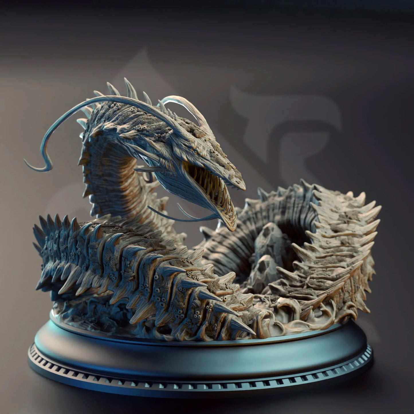 Front view of Old Mawgrin giant leviathan showing curved neck and jagged scales