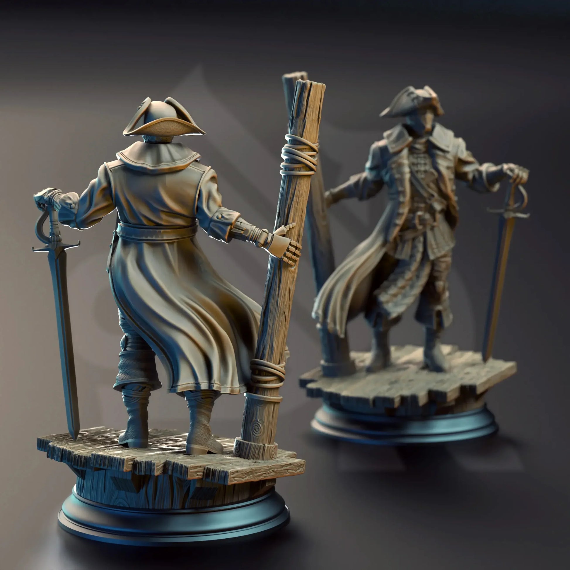 Rear view of swashbuckler figure showing flowing coat and hand on mast