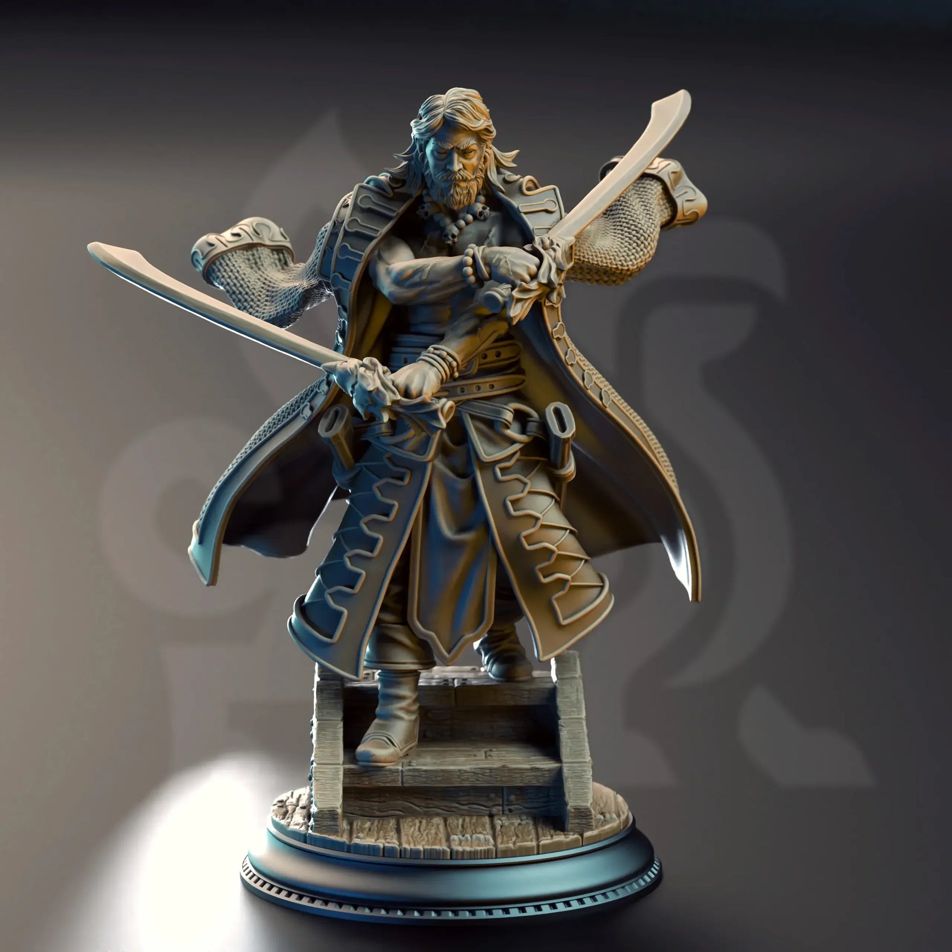 Front view of pirate captain figure with curved blades and flowing coat