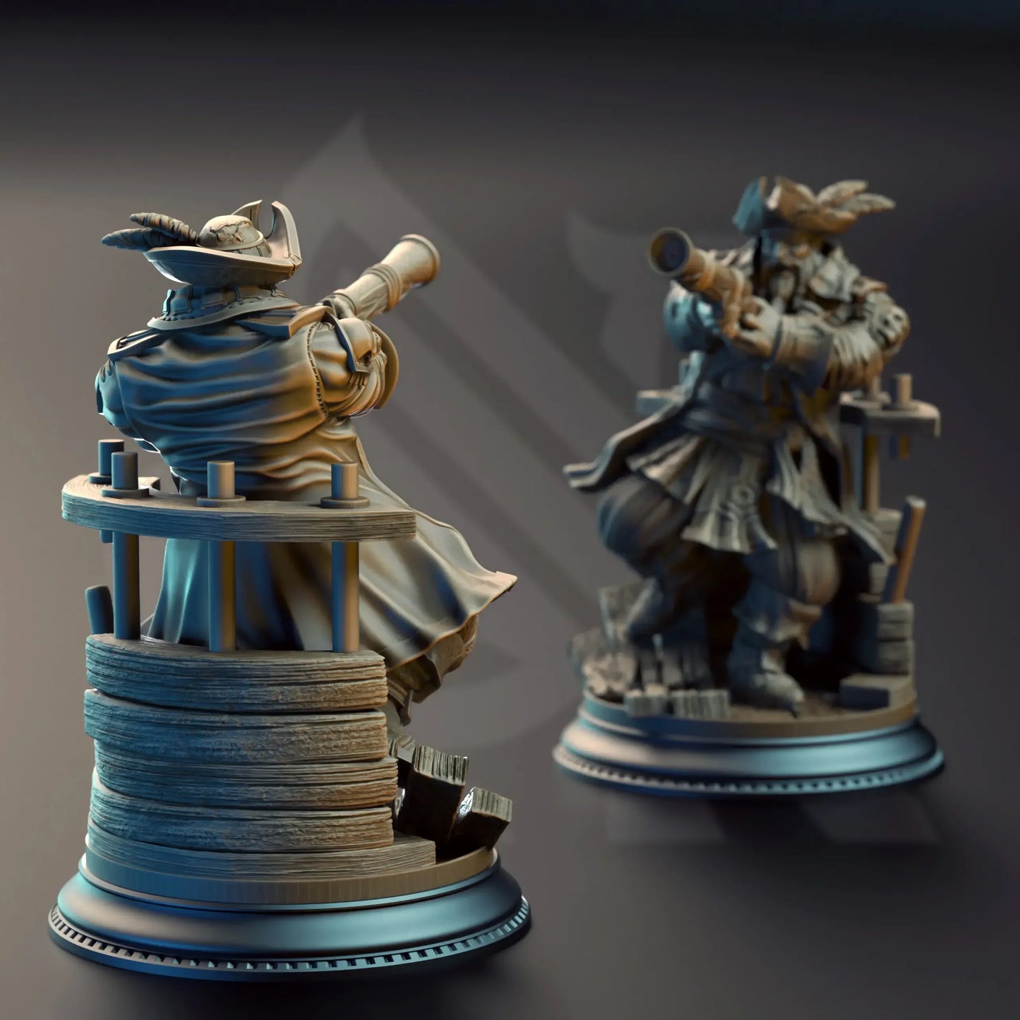 Alternate angle of pirate captain figure with raised foot on broken deck boards