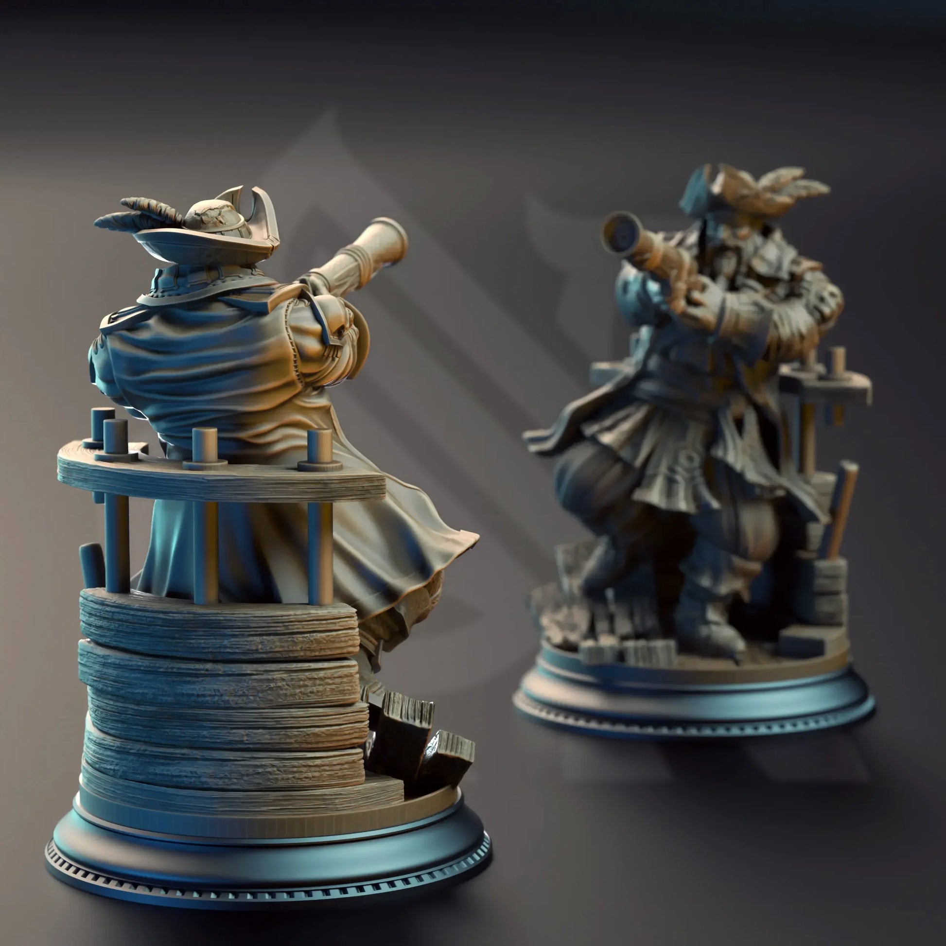 Alternate angle of pirate captain figure with raised foot on broken deck boards